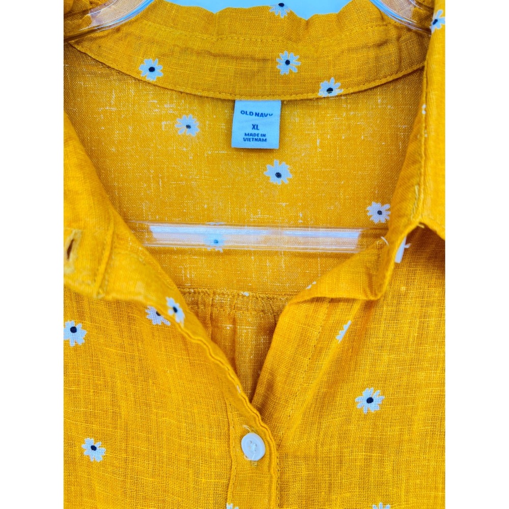 Old Navy Button Down Top Womens XL Yellow Daisy Linen Blend Floral Tie Front - Picture 3 of 4